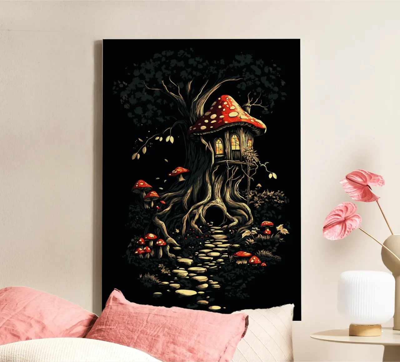 Mushroom house in the magic tree canvas with Floater frame by pixelbull - medieval art and more
