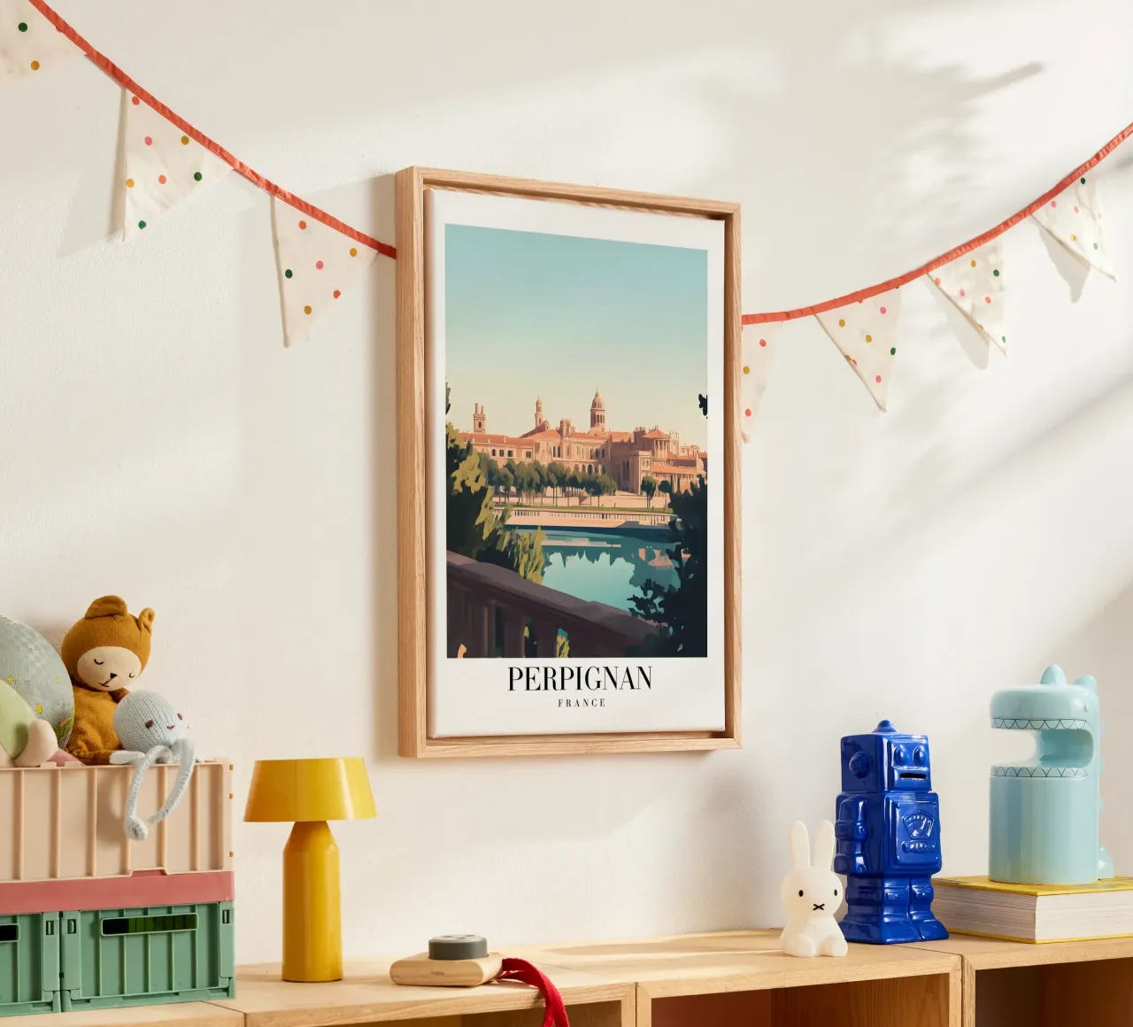 Perpignan stadsgezicht kunstdruk - Franse Catalaanse charme canvas met Baklijst van homdeco
