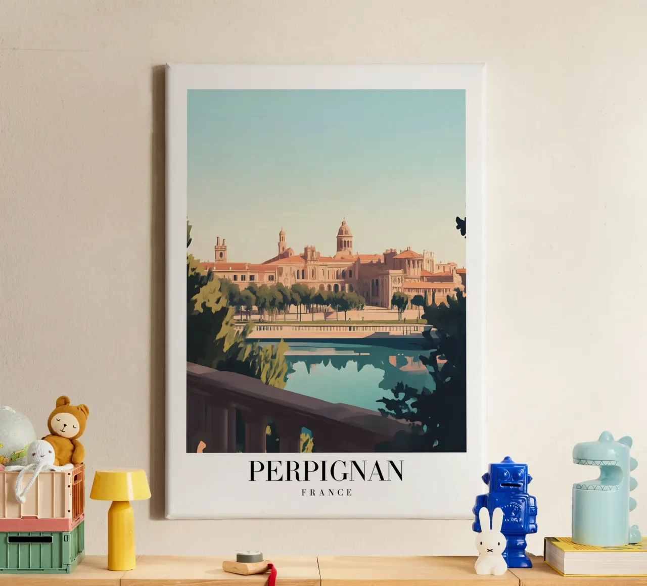 Perpignan stadsgezicht kunstdruk - Franse Catalaanse charme canvas met Baklijst van homdeco