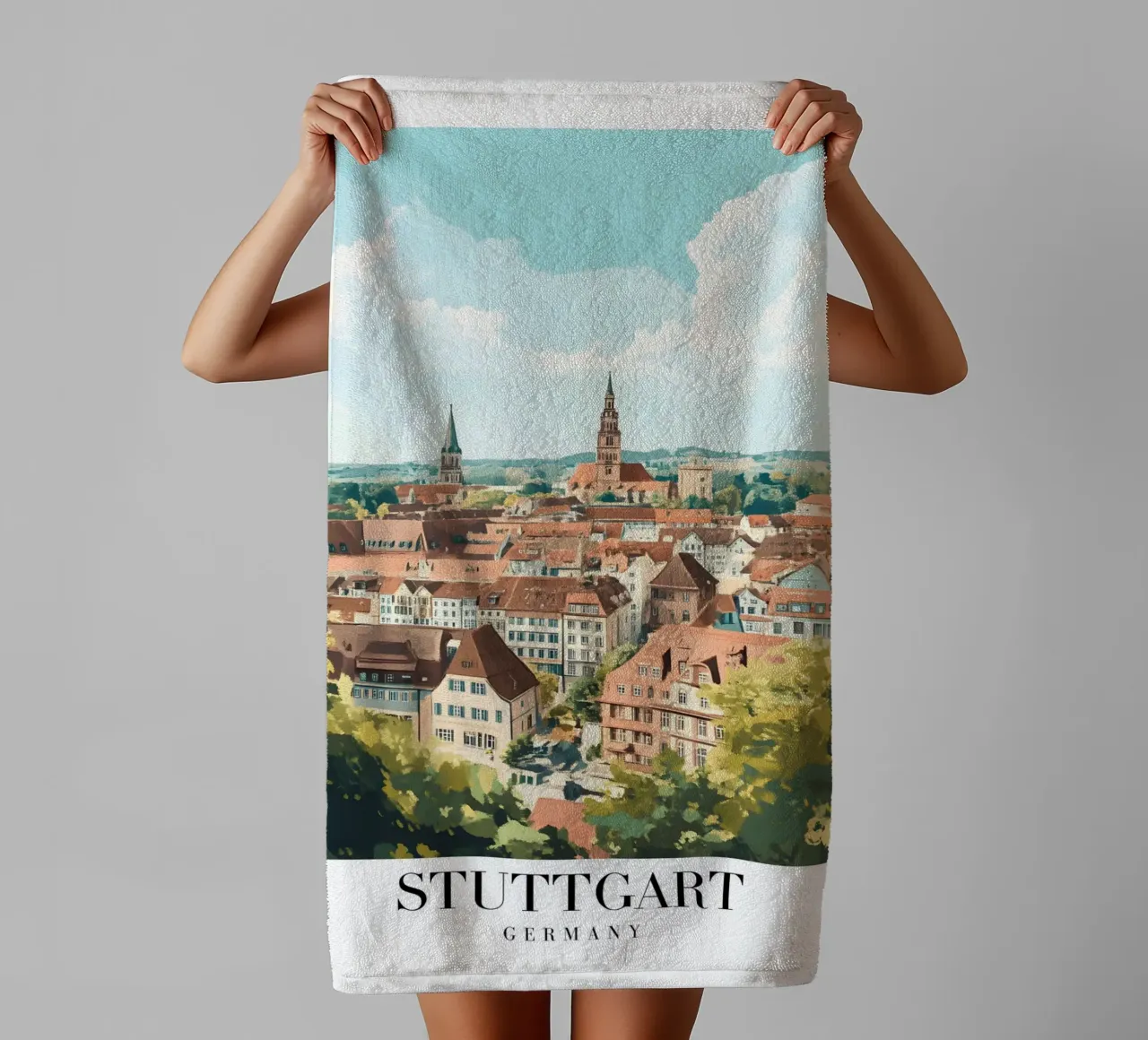 Kunstdruk stadsgezicht Stuttgart - Duitse charme & heuvels badhanddoek van homdeco