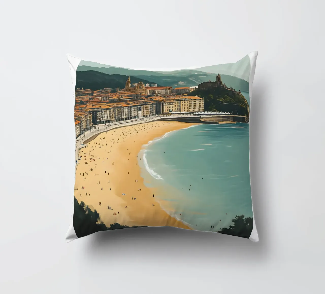 Stampa d'arte sulla spiaggia di San Sebastian La Concha - Costa Basca cuscino da homdeco