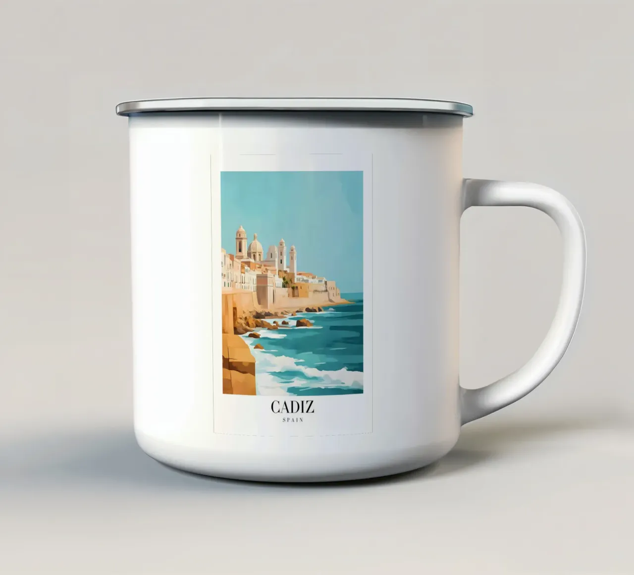 Cádiz kust kustkunst print - Spaanse oude stad charme emaille mok van homdeco