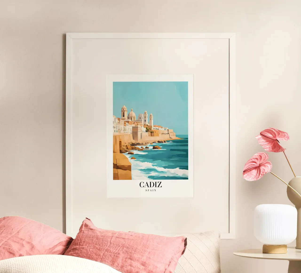 Stampa d'arte della costa di Cadice - Fascino della città vecchia spagnola poster con telaio in alluminio da homdeco