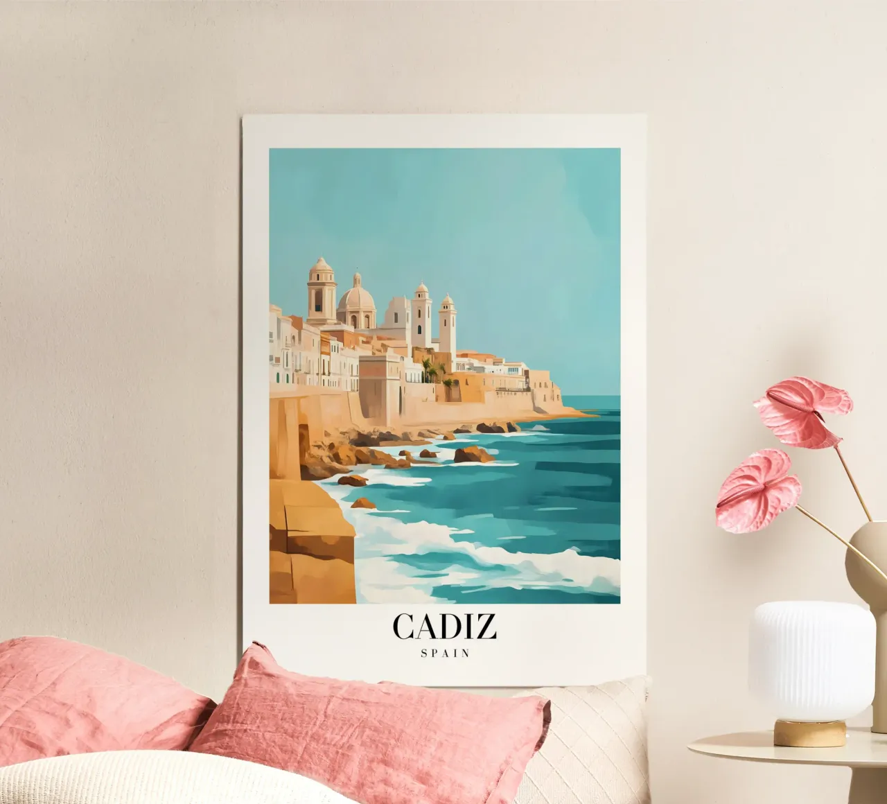 Stampa d'arte della costa di Cadice - Fascino della città vecchia spagnola poster con telaio in alluminio da homdeco