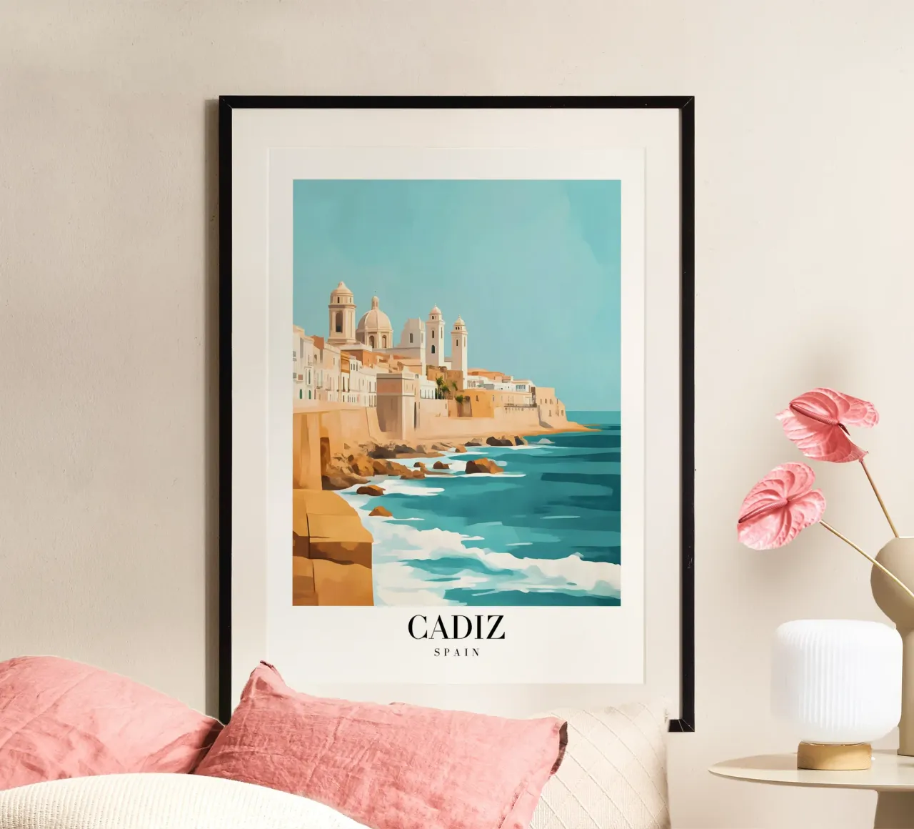 Stampa d'arte della costa di Cadice - Fascino della città vecchia spagnola poster con telaio in alluminio da homdeco