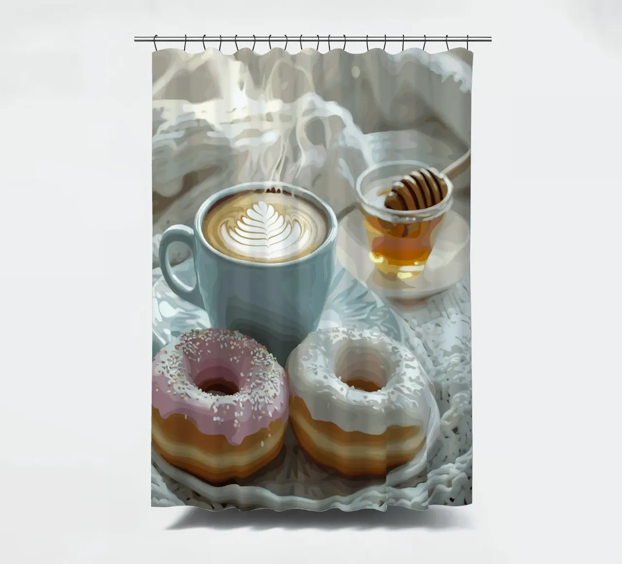 Mattinata dolce con ciambelle e cappuccino tenda da doccia da pixelbull - medieval art and more