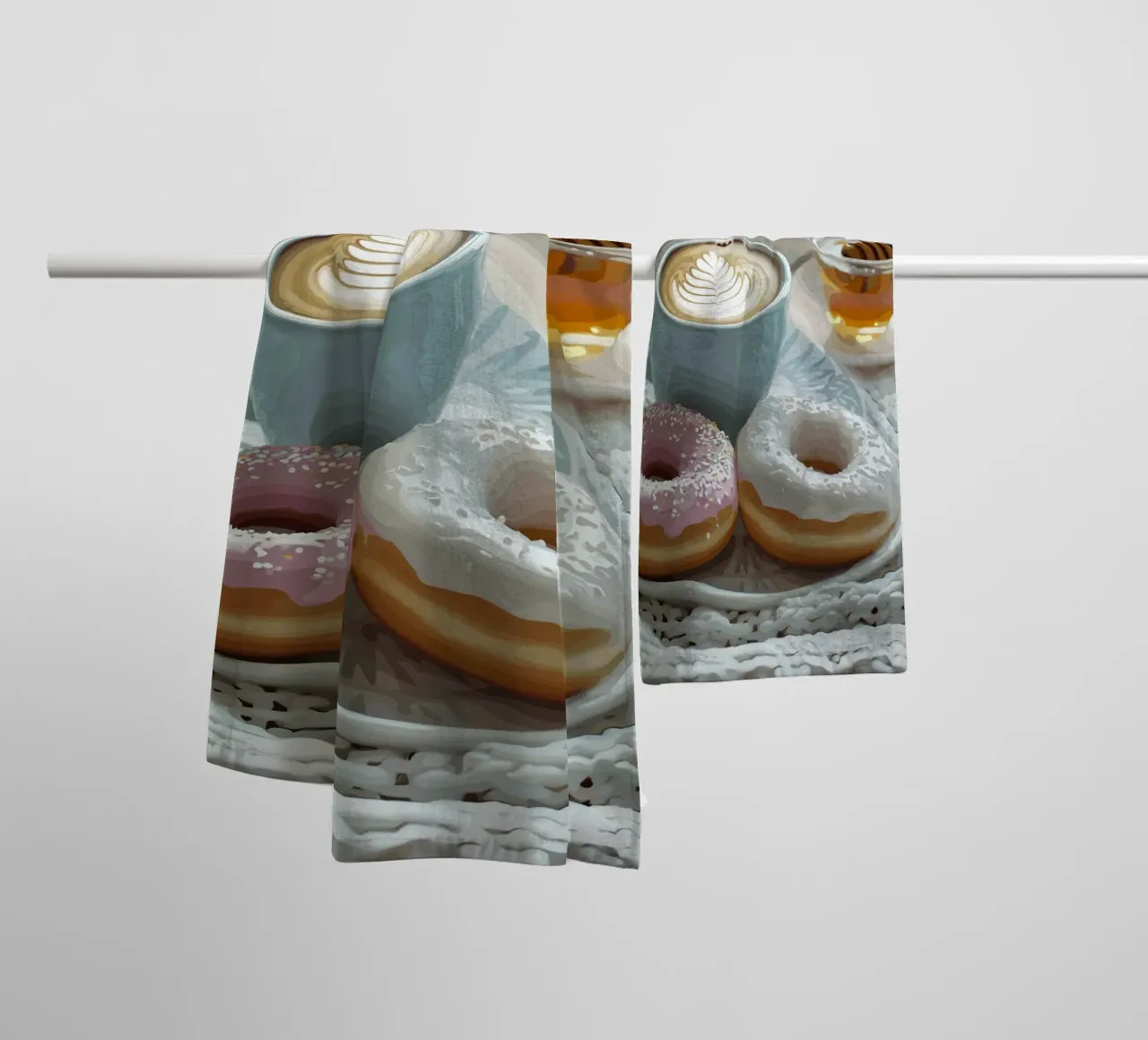 Mattinata dolce con ciambelle e cappuccino asciugamano da bagno da pixelbull - medieval art and more
