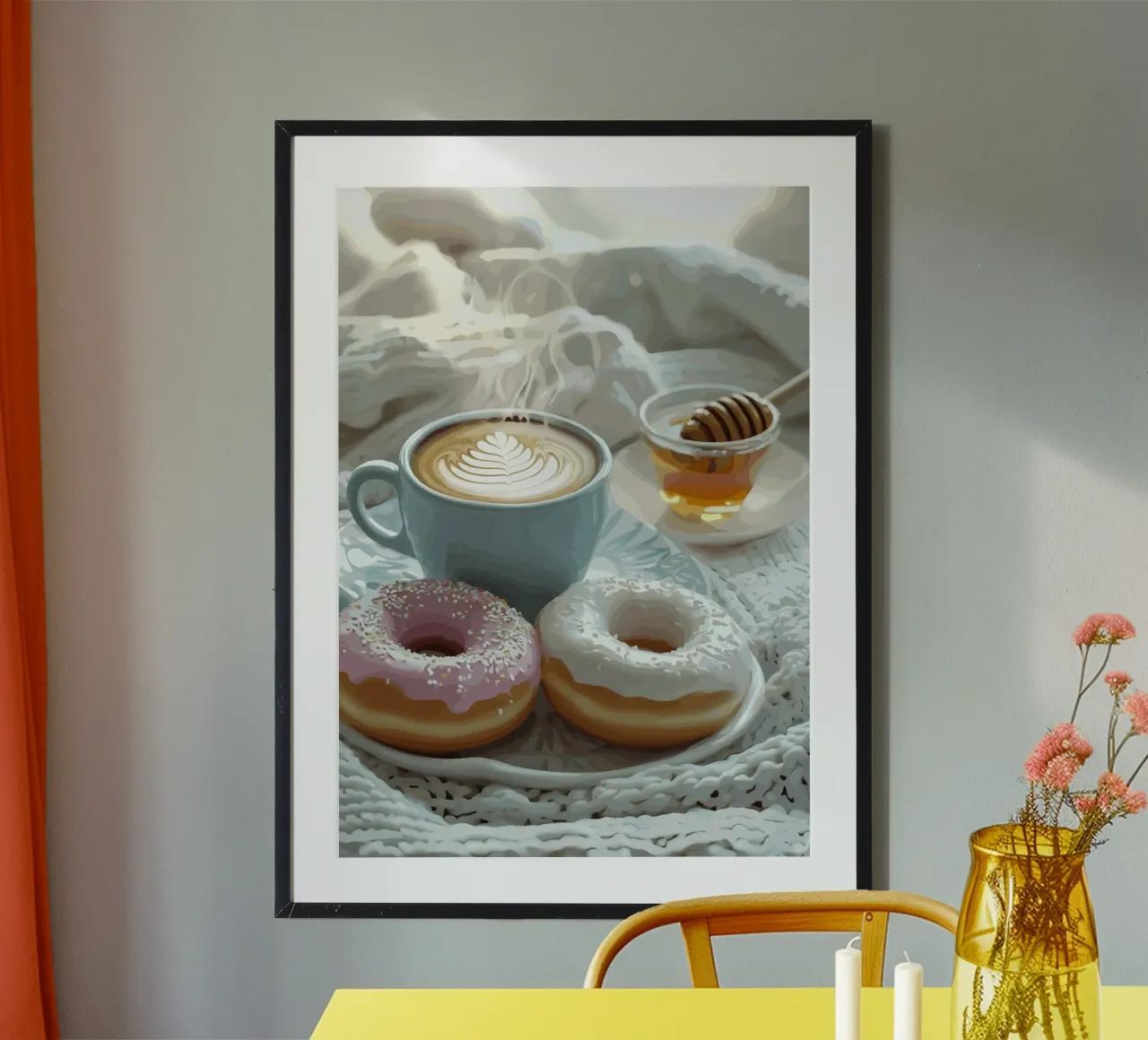 Mattinata dolce con ciambelle e cappuccino poster con telaio in alluminio da pixelbull - medieval art and more