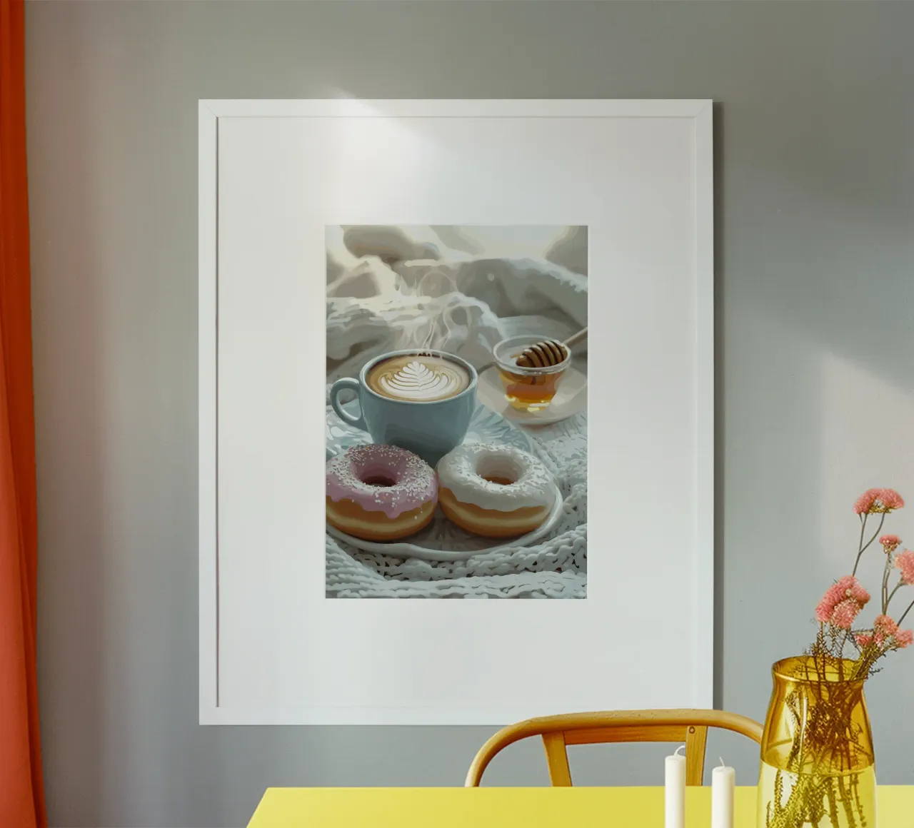 Mattinata dolce con ciambelle e cappuccino poster con telaio in alluminio da pixelbull - medieval art and more