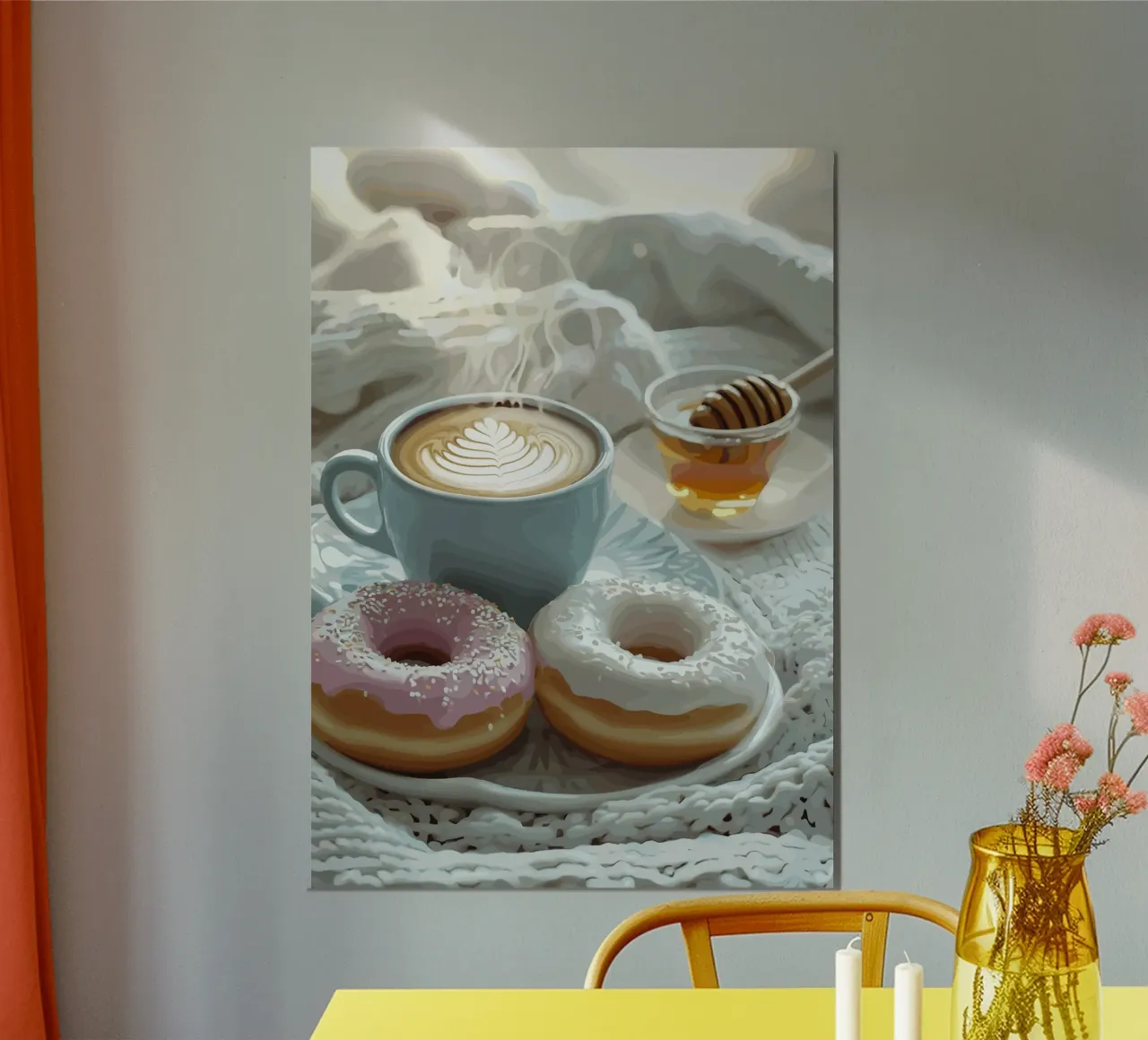 Mattinata dolce con ciambelle e cappuccino poster con telaio in alluminio da pixelbull - medieval art and more