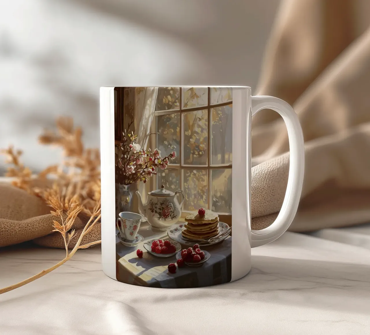 Breakfast in the morning sun with rose porcelain ceramic mug by pixelbull - medieval art and more