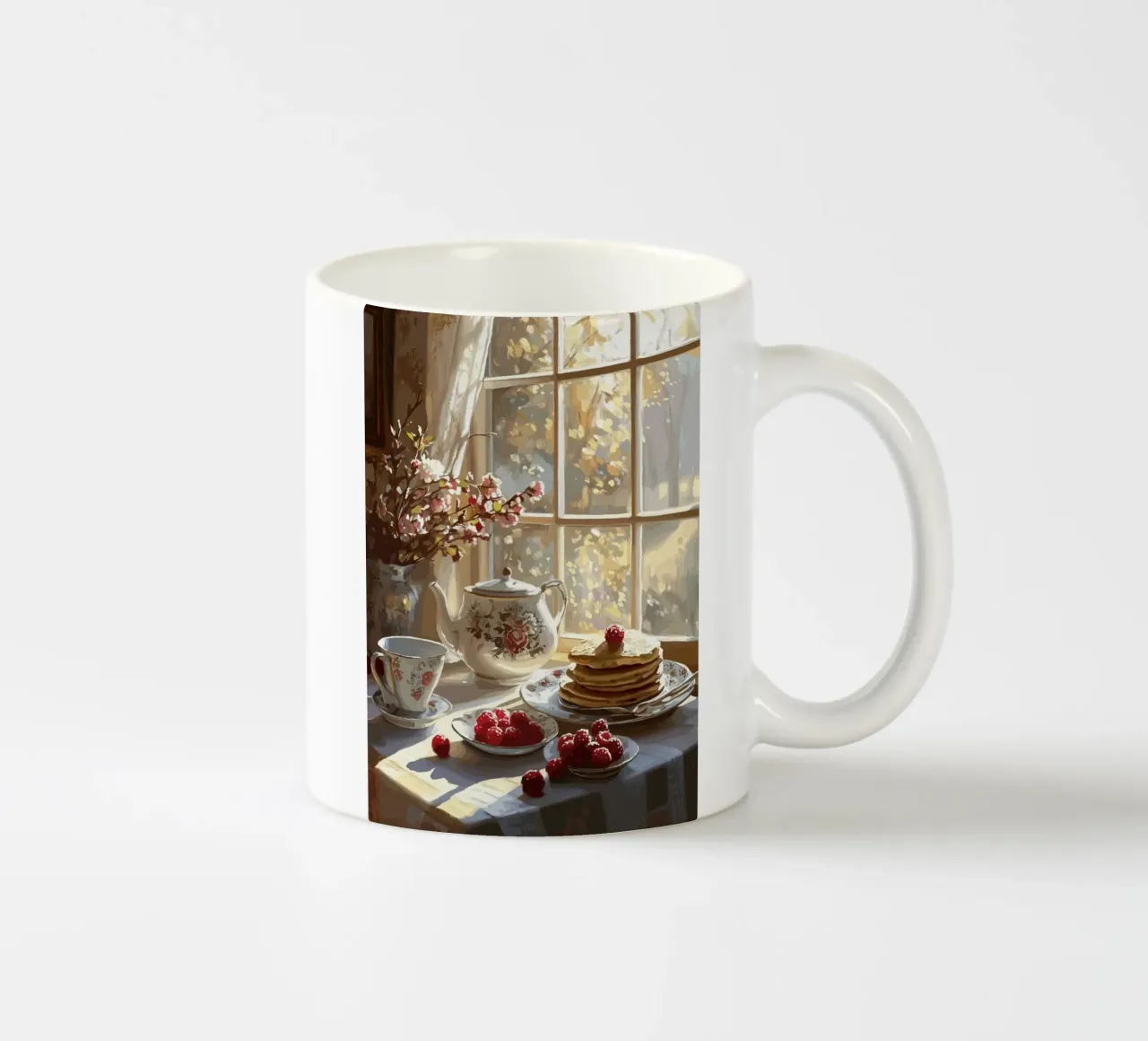 Breakfast in the morning sun with rose porcelain ceramic mug by pixelbull - medieval art and more