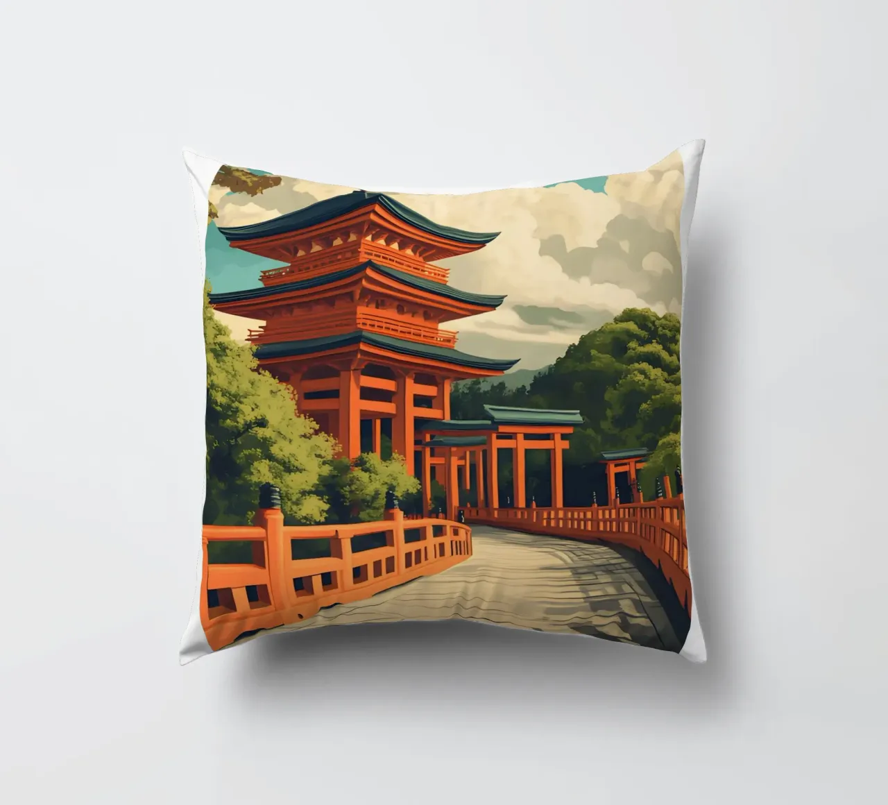 Kyoto Pagoda Art Print - Japanese Temple & Torii decorative cushion by homdeco
