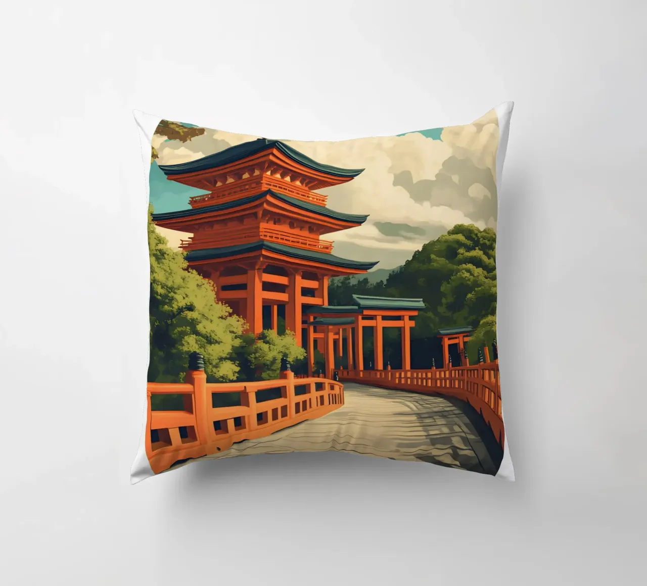 Kyoto Pagoda Art Print - Japanese Temple & Torii decorative cushion by homdeco