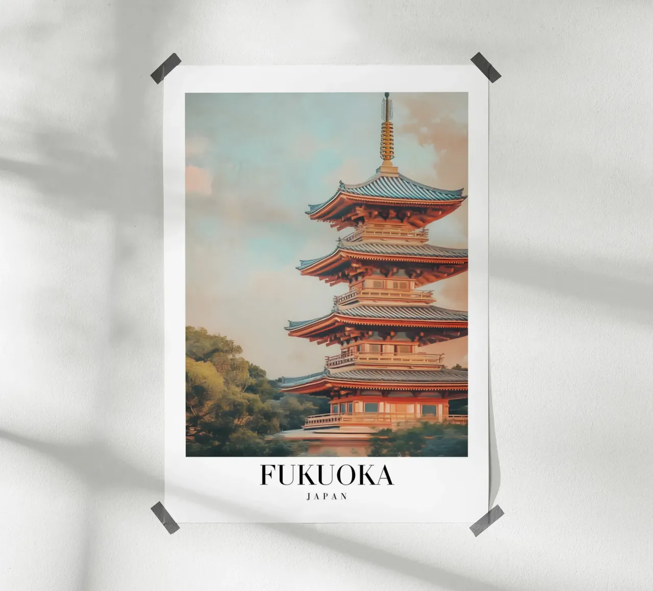 Pagoda di Fukuoka Stampa d'arte - Tempio giapponese e natura poster con telaio in plastica da homdeco