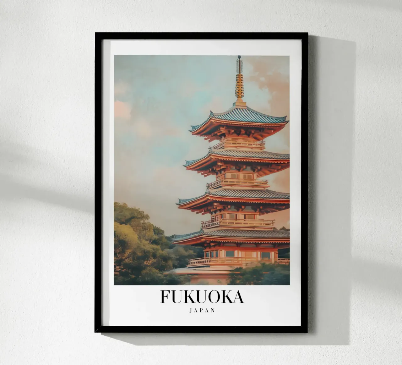 Pagoda di Fukuoka Stampa d'arte - Tempio giapponese e natura poster con telaio in plastica da homdeco