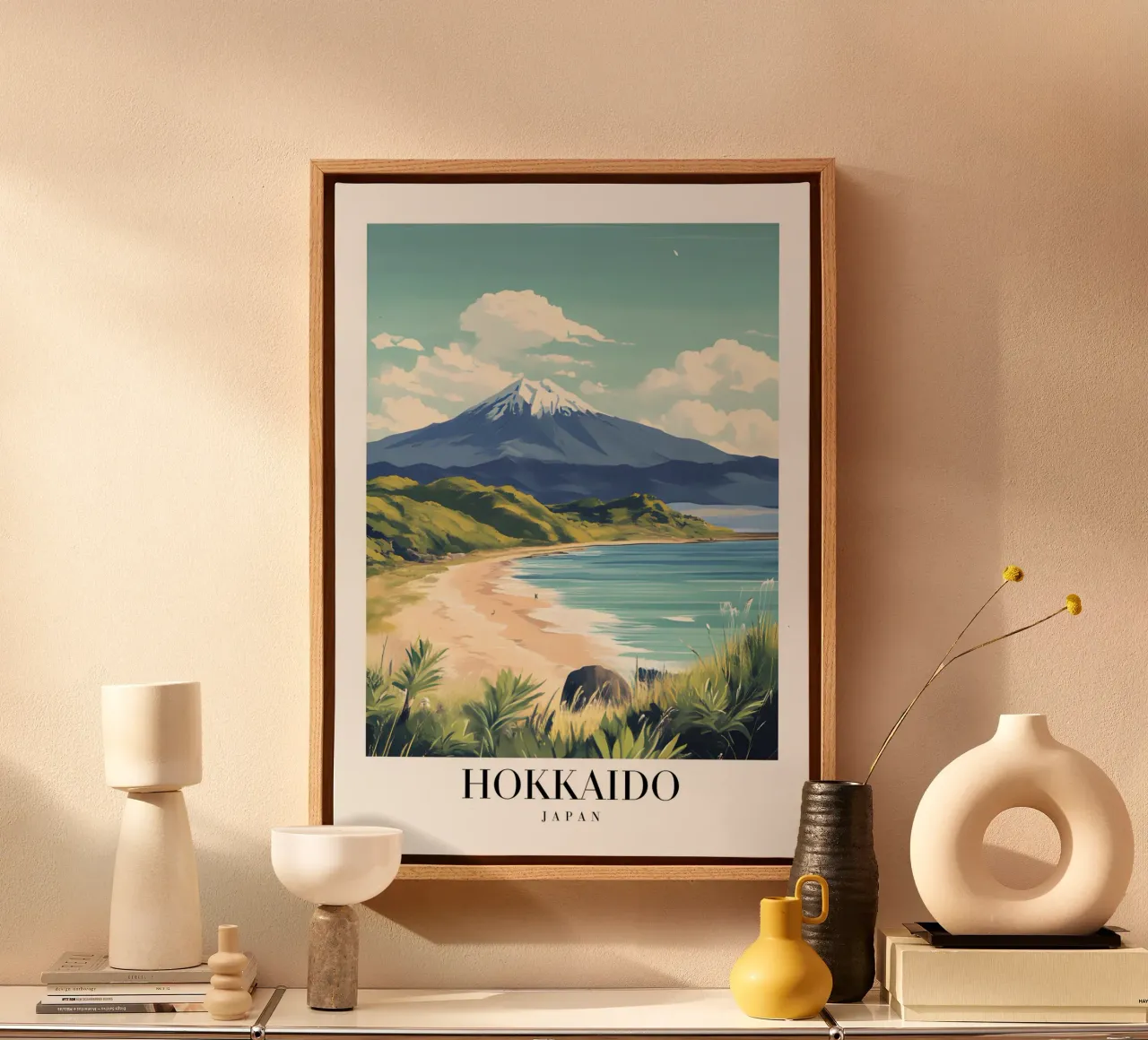 Hokkaido Strand & Berg Kunstdruk - Japans Landschap canvas met Baklijst van homdeco