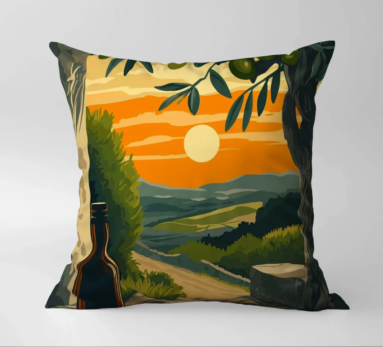 Mediterranean evening with olive branches decorative cushion by pixelbull - medieval art and more