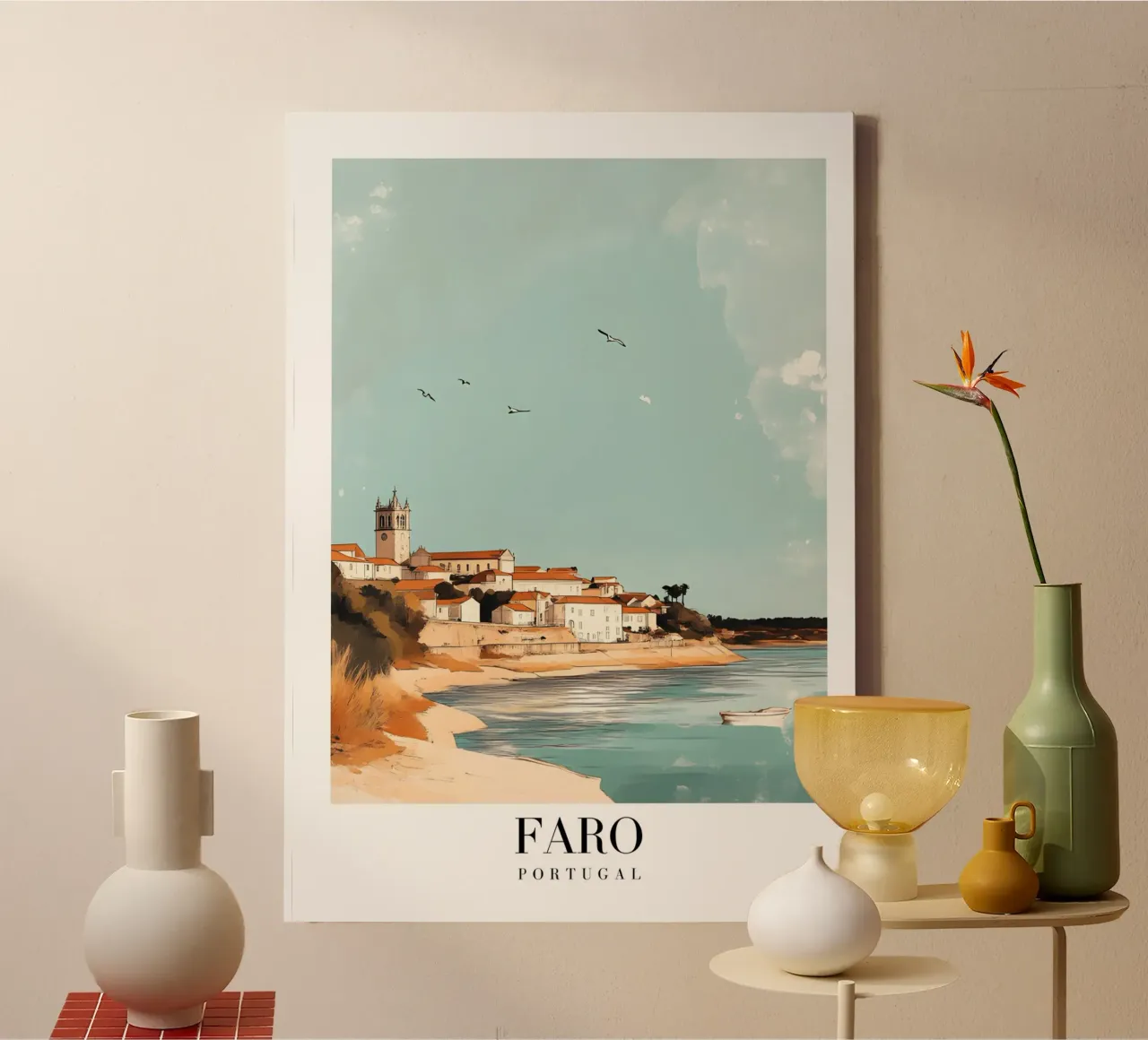 Faro Kuststad Kunstdruk - Algarve Portugal canvas met Baklijst van homdeco