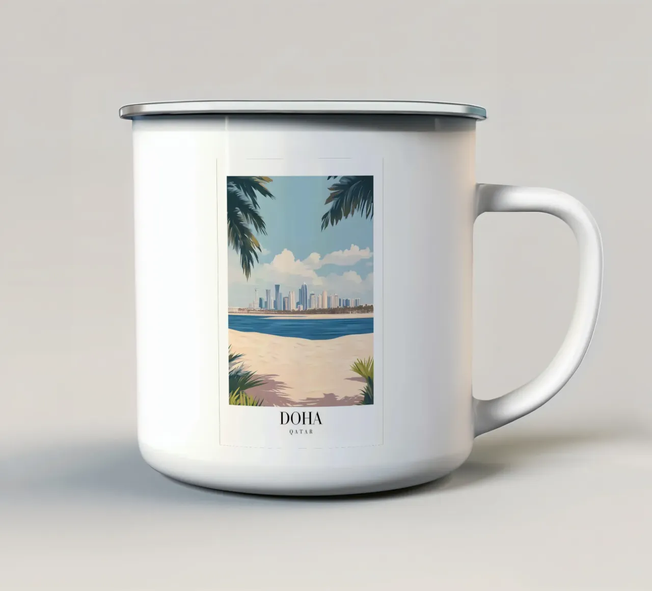 Doha Skyline Kunstdruk - Qatar Strand & Palmen emaille mok van homdeco