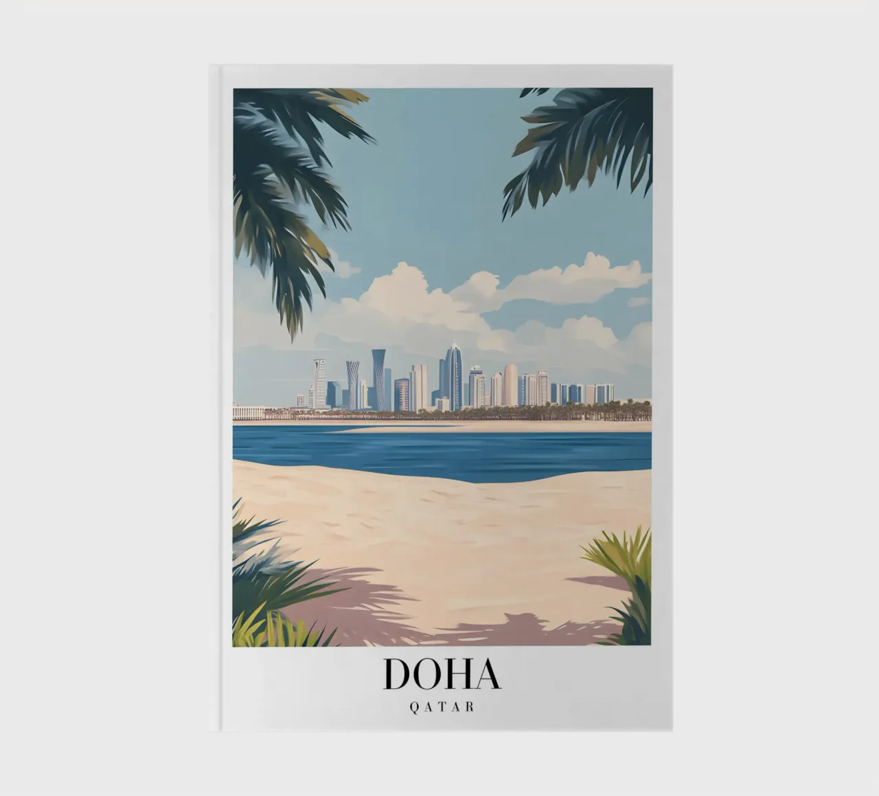 Doha Skyline Art Print - Qatar Beach & Palms notebook by homdeco