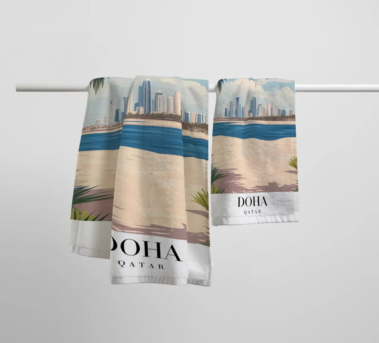 Doha Skyline Art Print - Qatar Beach & Palms towel by homdeco