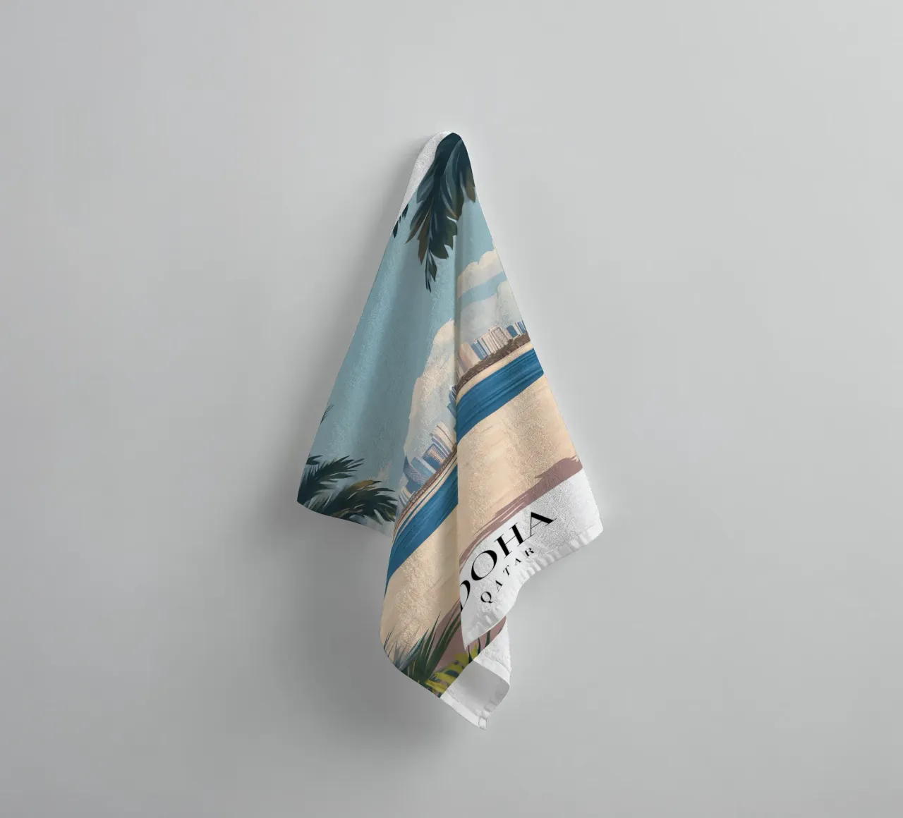 Doha Skyline Art Print - Qatar Beach & Palms towel by homdeco