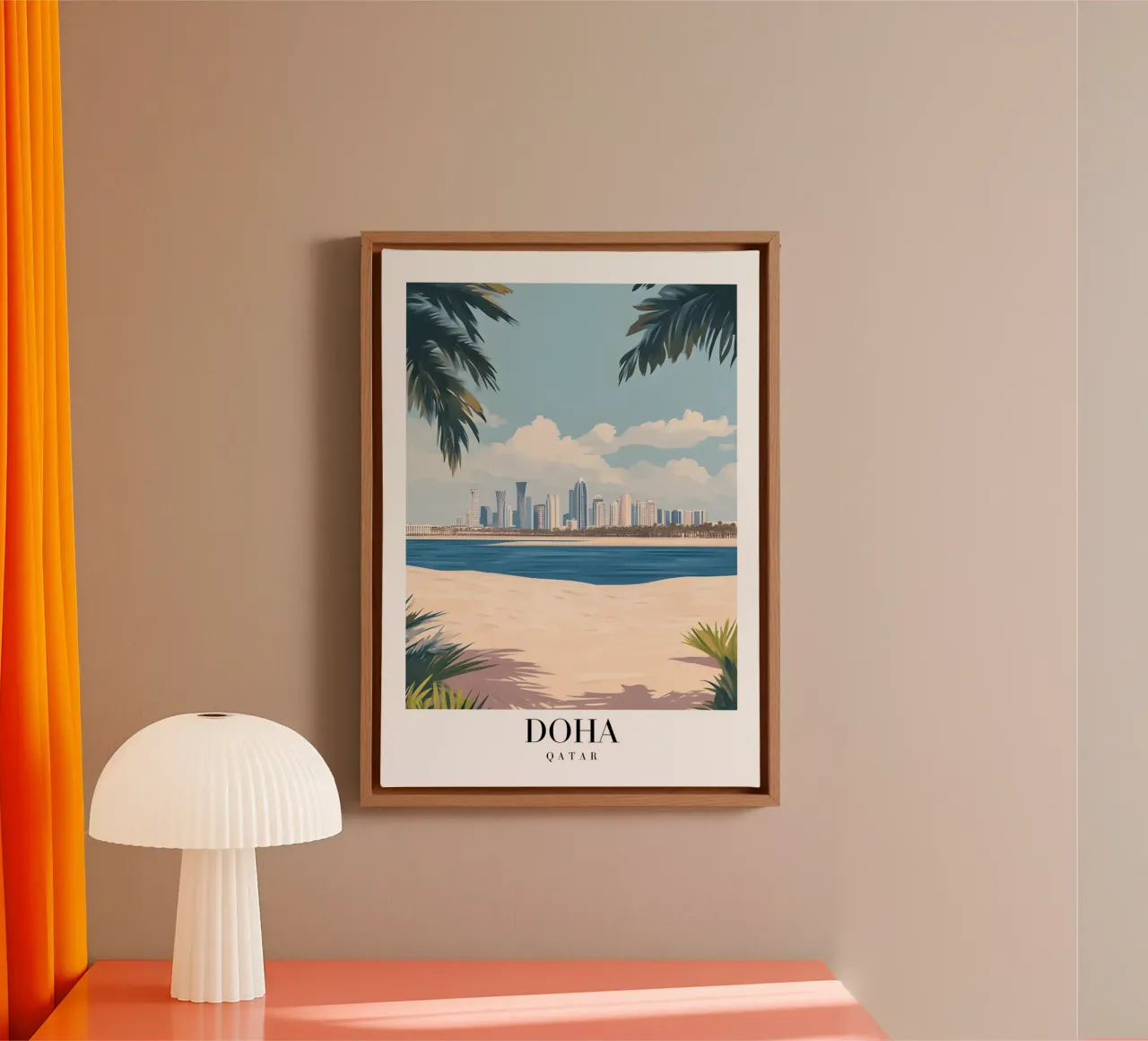 Stampa d'arte Doha Skyline - Spiaggia e palme del Qatar tela con Cornice a cassetta da homdeco