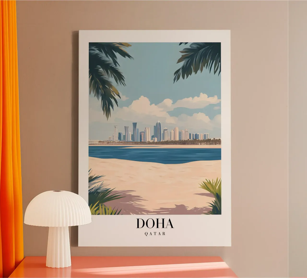 Stampa d'arte Doha Skyline - Spiaggia e palme del Qatar tela con Cornice a cassetta da homdeco