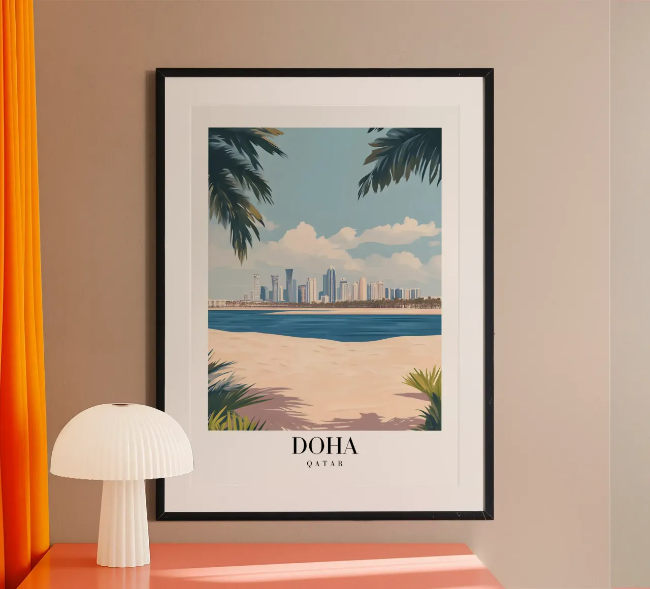 Stampa d'arte Doha Skyline - Spiaggia e palme del Qatar poster con telaio in legno da homdeco