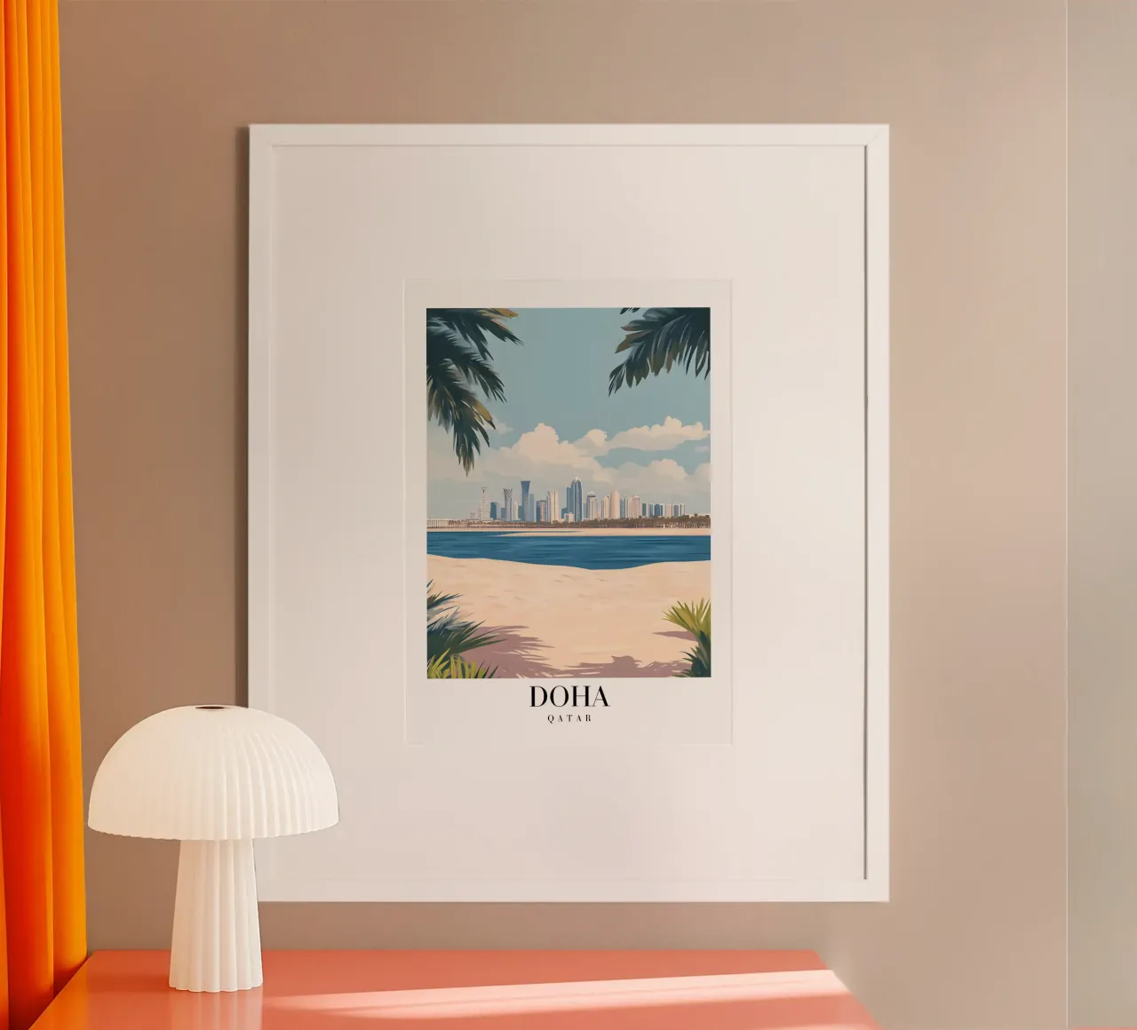 Stampa d'arte Doha Skyline - Spiaggia e palme del Qatar poster con telaio in legno da homdeco