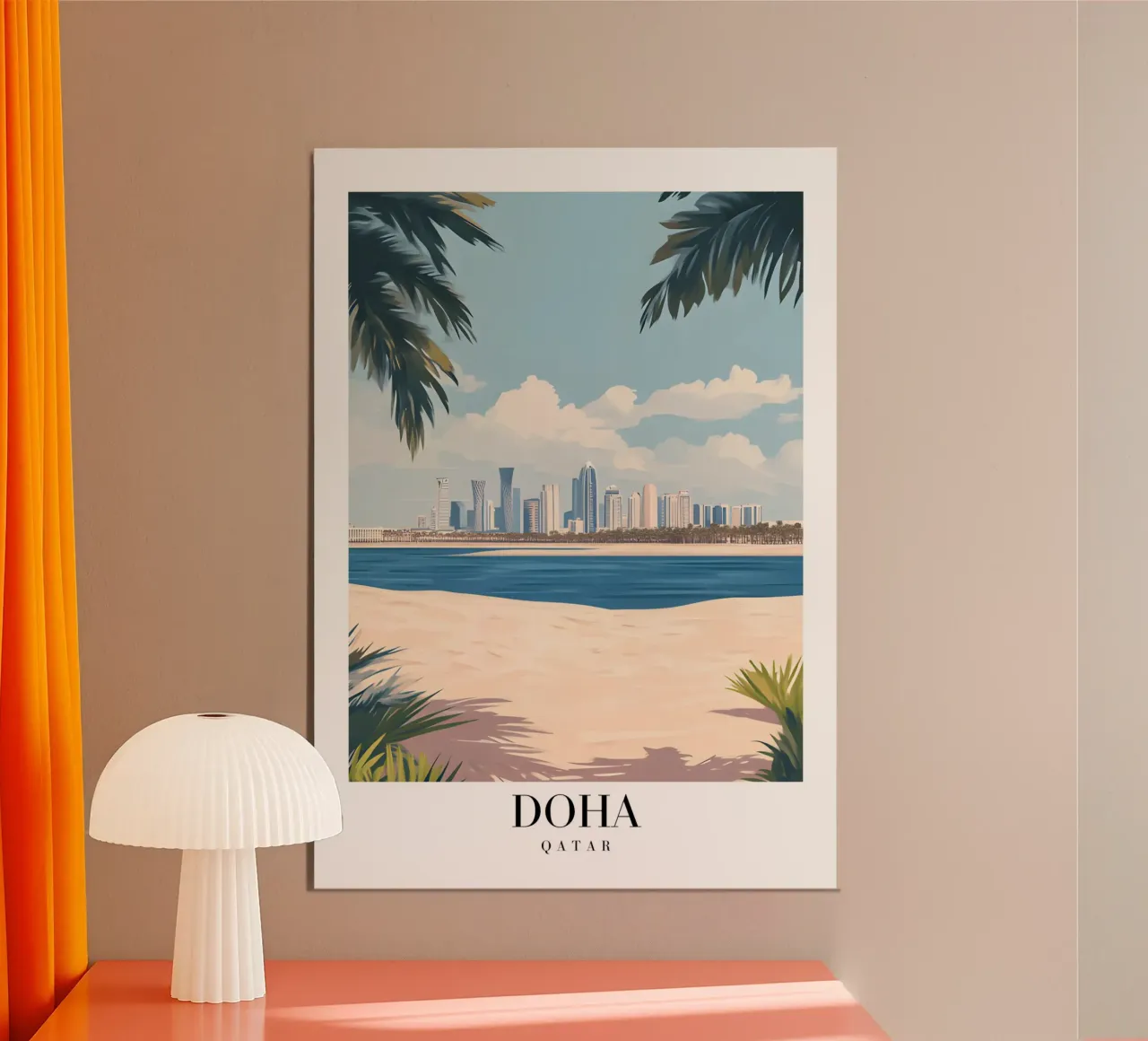 Stampa d'arte Doha Skyline - Spiaggia e palme del Qatar poster con telaio in legno da homdeco