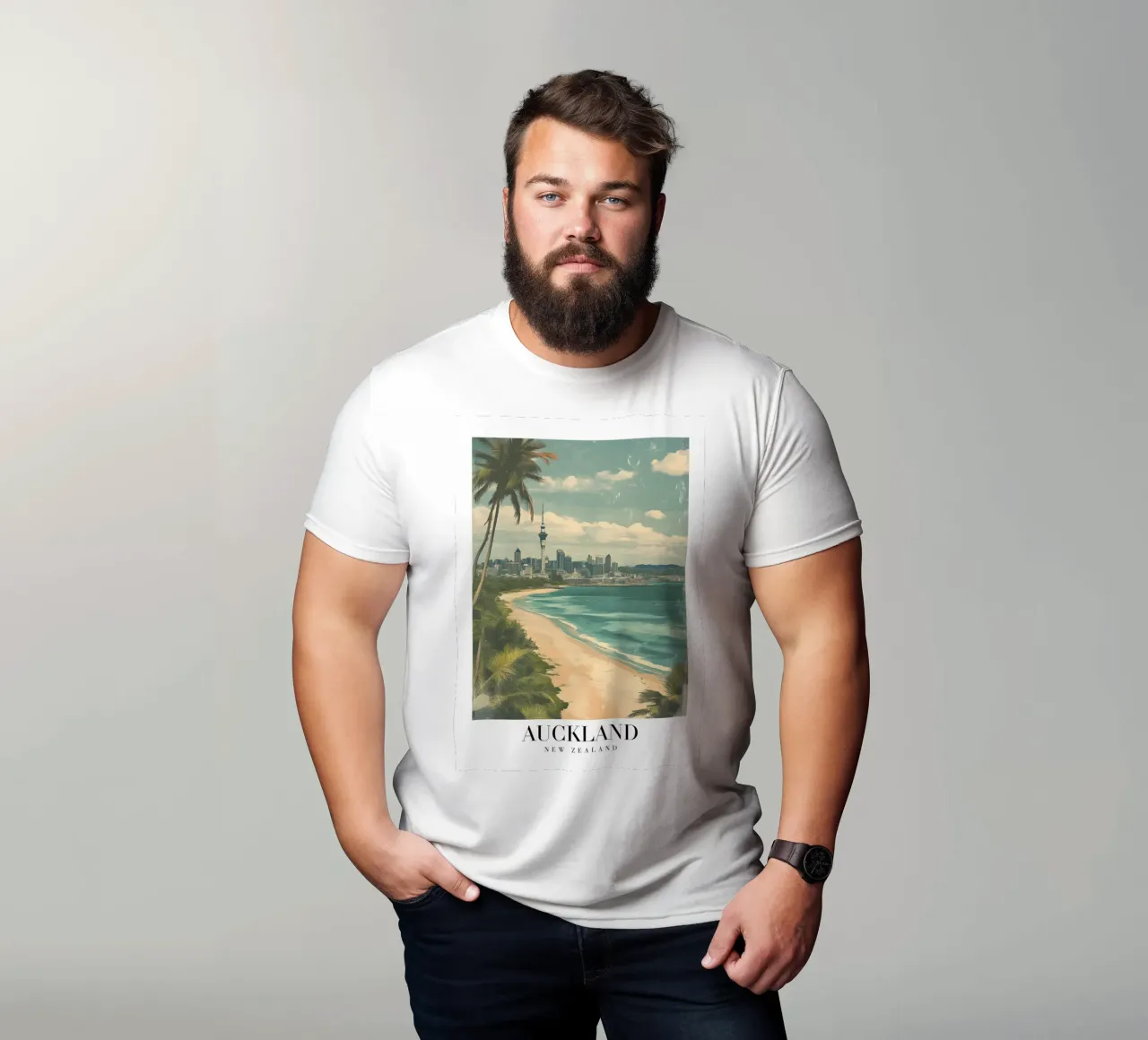Stampa d'arte sullo skyline di Auckland - Spiaggia e Sky Tower t-shirt da homdeco