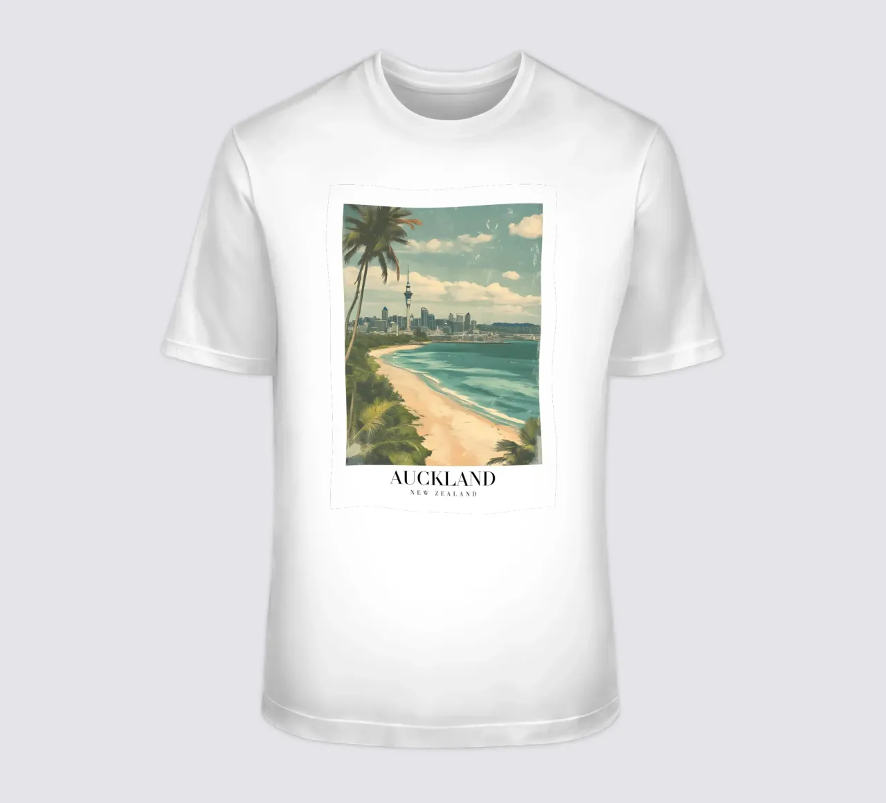 Stampa d'arte sullo skyline di Auckland - Spiaggia e Sky Tower t-shirt da homdeco