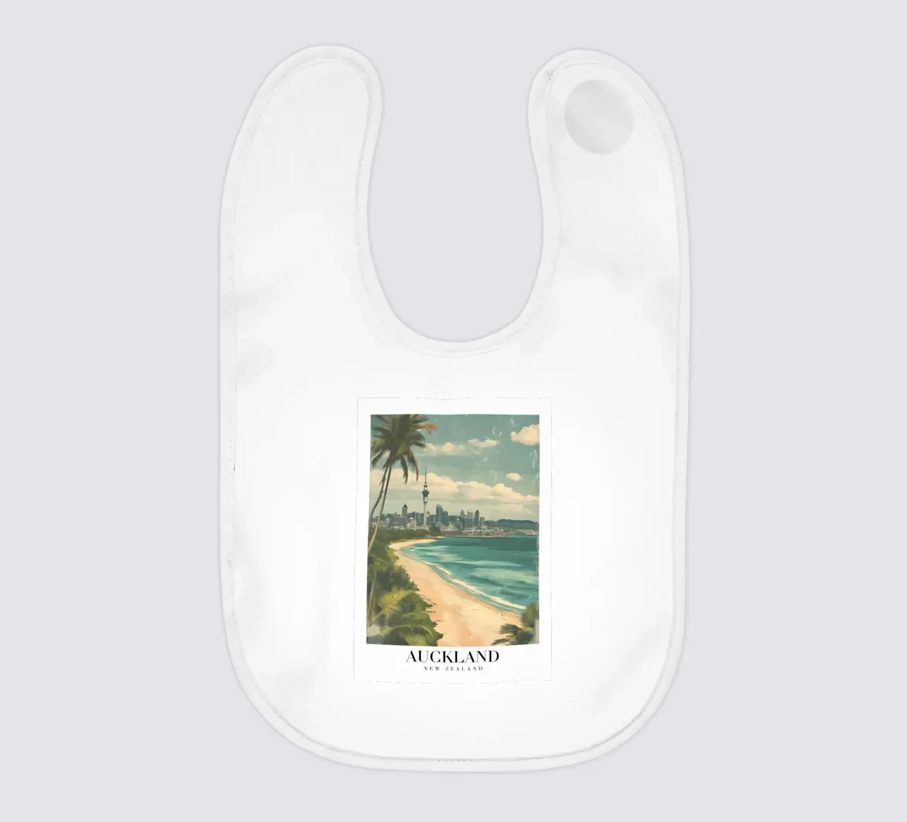 Stampa d'arte sullo skyline di Auckland - Spiaggia e Sky Tower bavaglino da homdeco