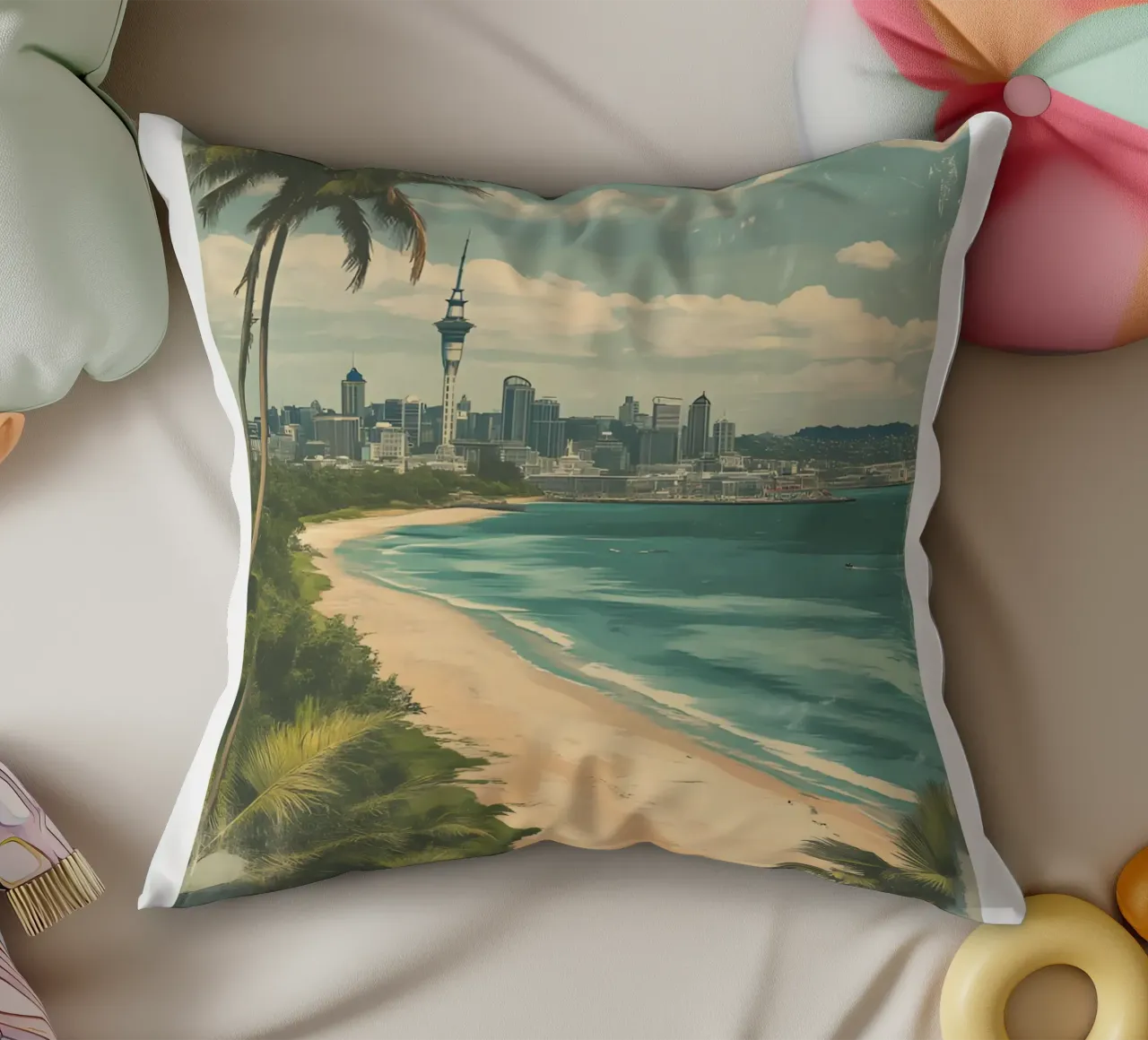 Stampa d'arte sullo skyline di Auckland - Spiaggia e Sky Tower cuscino da homdeco