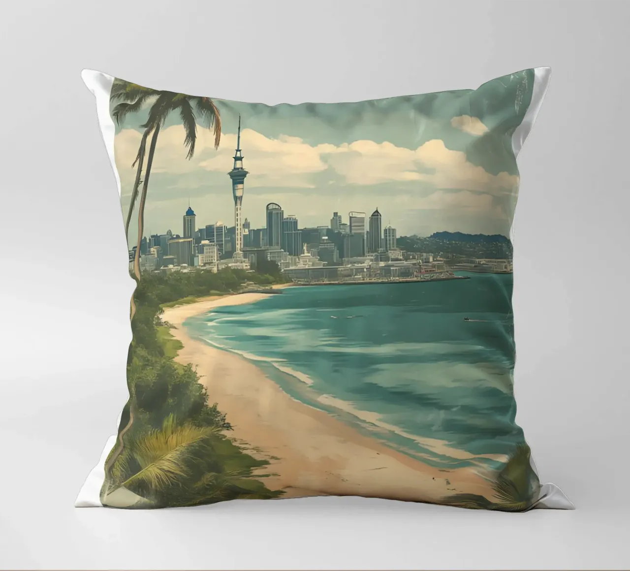 Stampa d'arte sullo skyline di Auckland - Spiaggia e Sky Tower cuscino da homdeco