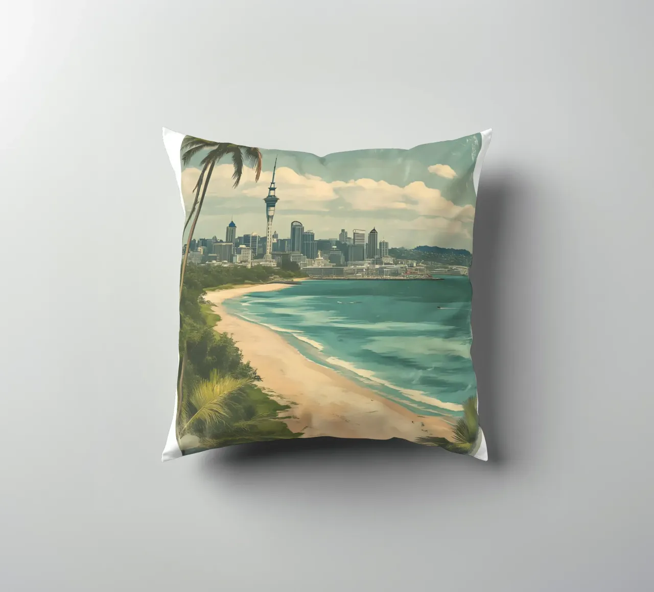 Stampa d'arte sullo skyline di Auckland - Spiaggia e Sky Tower cuscino da homdeco