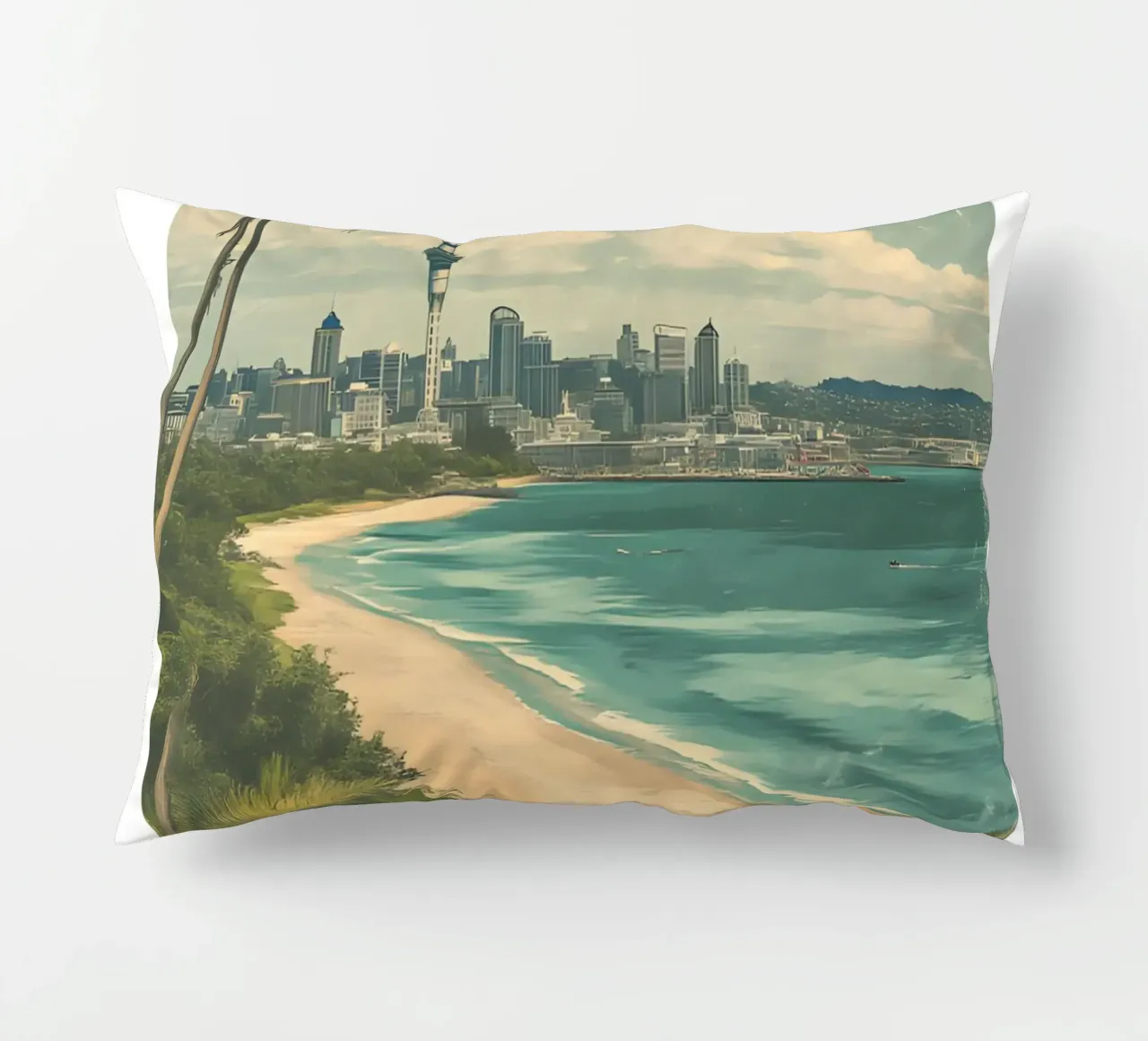 Stampa d'arte sullo skyline di Auckland - Spiaggia e Sky Tower cuscino da homdeco