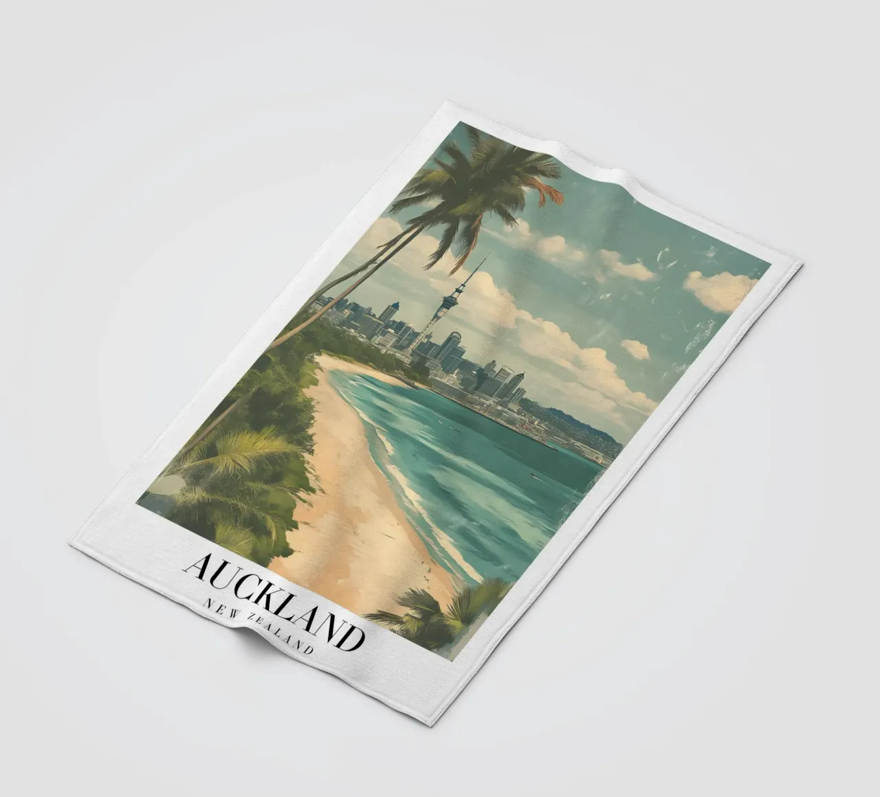 Stampa d'arte sullo skyline di Auckland - Spiaggia e Sky Tower coperta in pile da homdeco