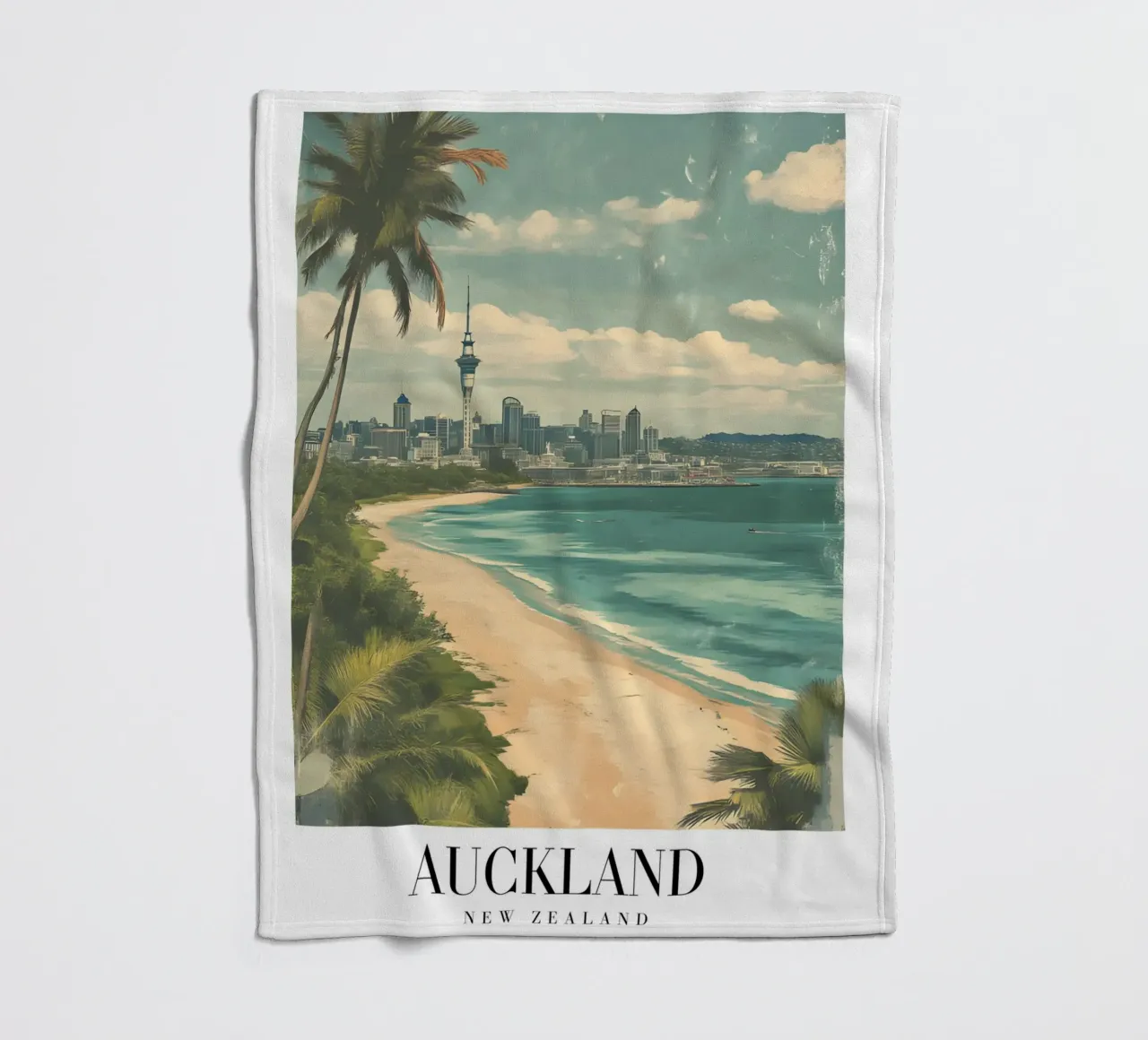 Stampa d'arte sullo skyline di Auckland - Spiaggia e Sky Tower coperta in pile da homdeco