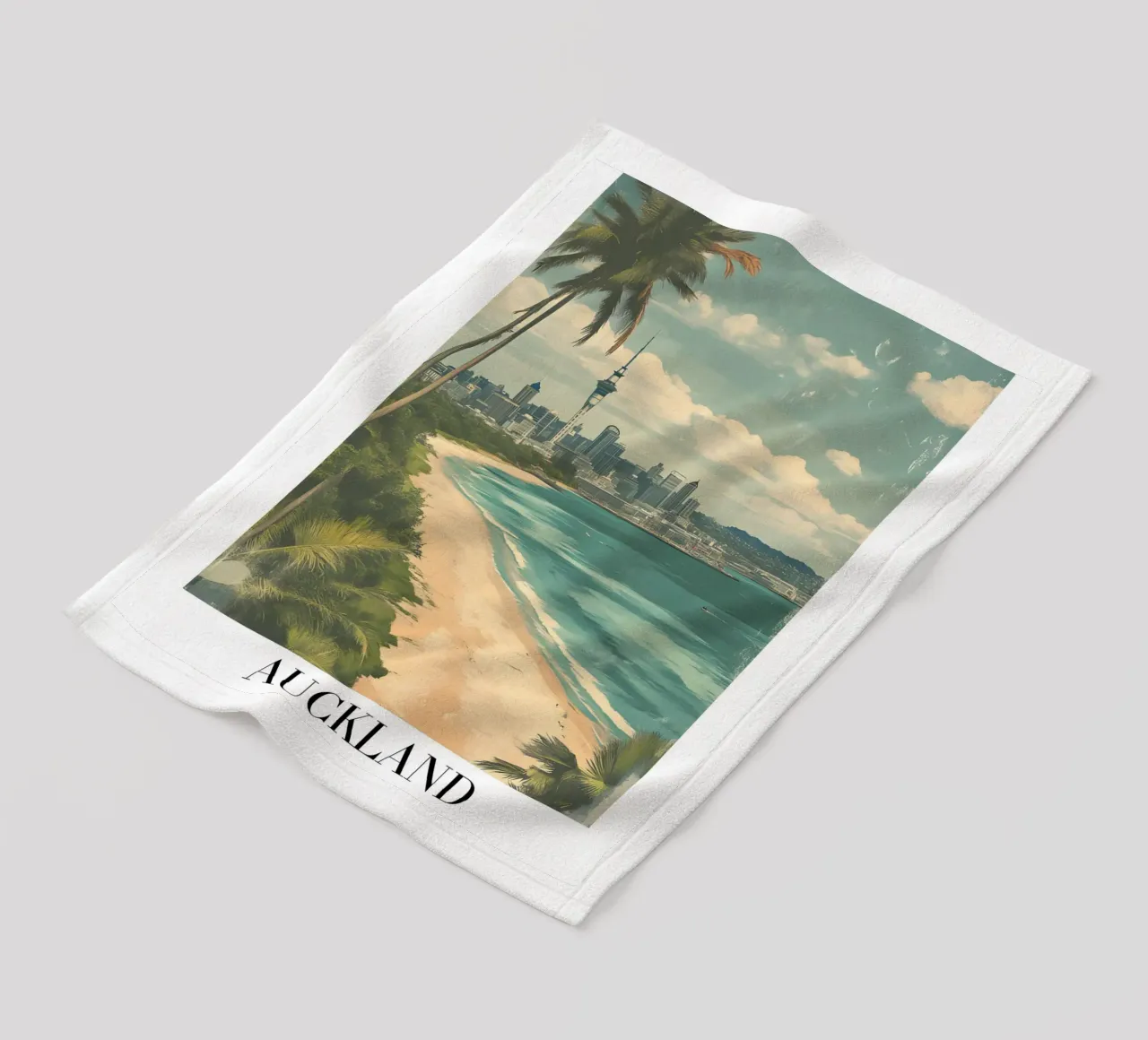 Stampa d'arte sullo skyline di Auckland - Spiaggia e Sky Tower coperta in pile da homdeco