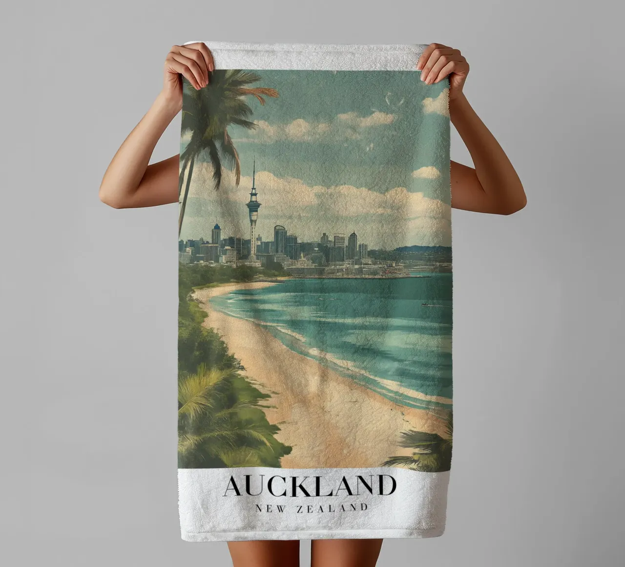 Stampa d'arte sullo skyline di Auckland - Spiaggia e Sky Tower asciugamano da bagno da homdeco