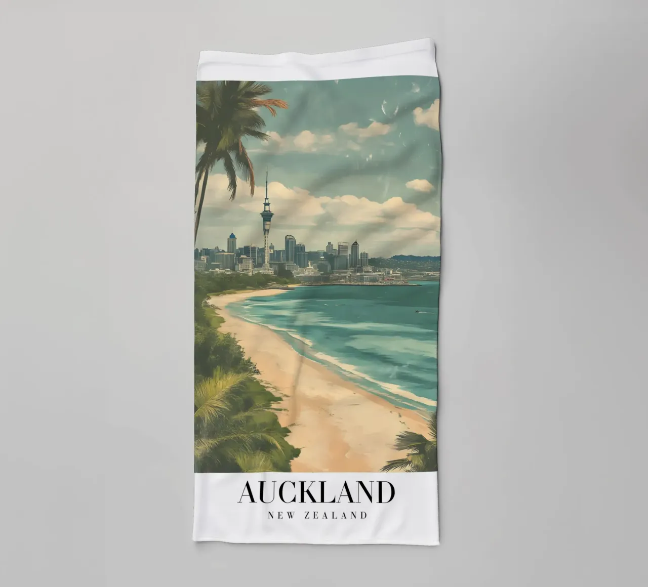 Stampa d'arte sullo skyline di Auckland - Spiaggia e Sky Tower asciugamano da bagno da homdeco