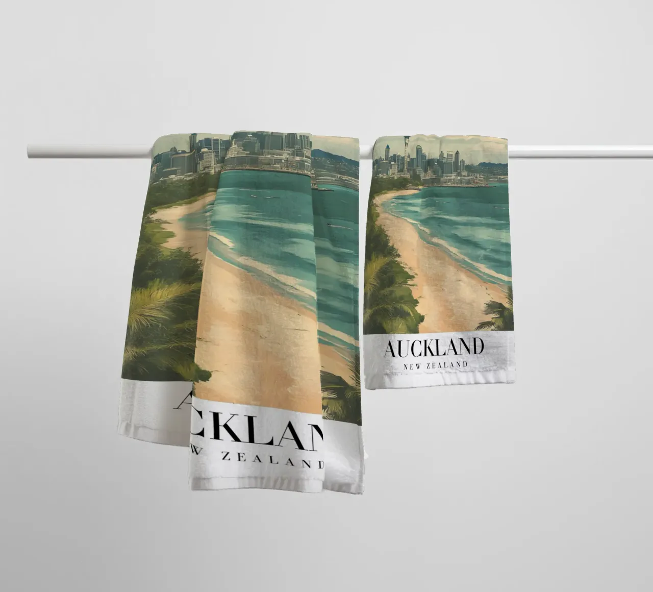 Stampa d'arte sullo skyline di Auckland - Spiaggia e Sky Tower asciugamano da bagno da homdeco