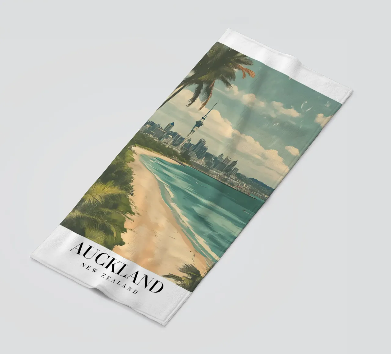 Stampa d'arte sullo skyline di Auckland - Spiaggia e Sky Tower telo mare da homdeco