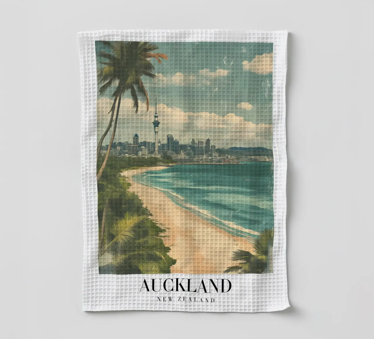 Stampa d'arte sullo skyline di Auckland - Spiaggia e Sky Tower canovaccio da cucina da homdeco