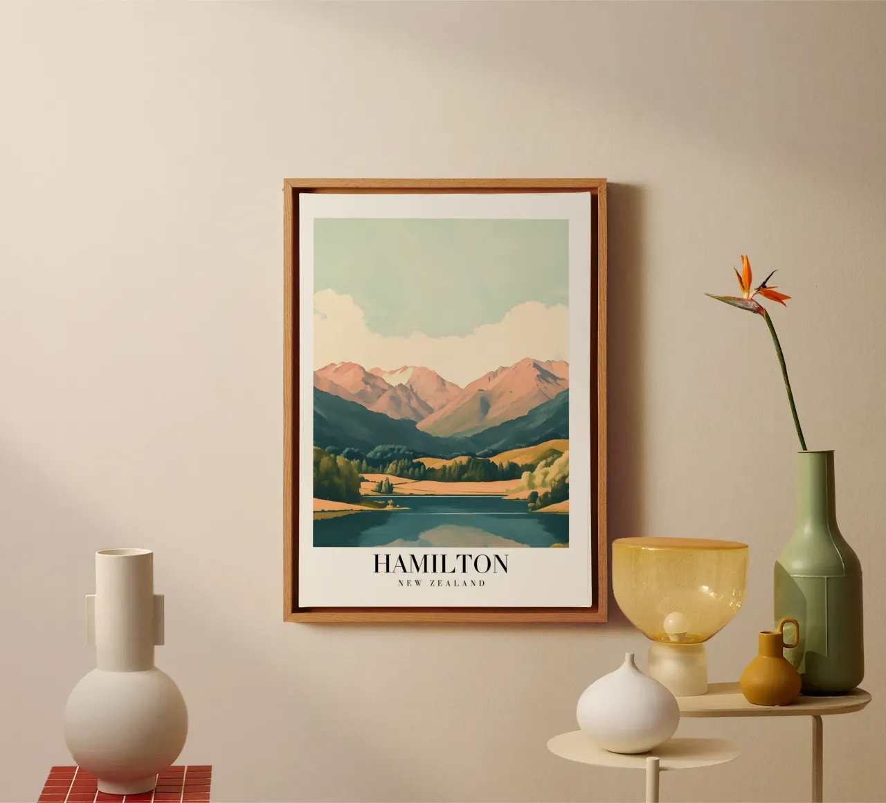 Hamilton NZ Lake Kunstdruk - Berglandschap canvas met Baklijst van homdeco
