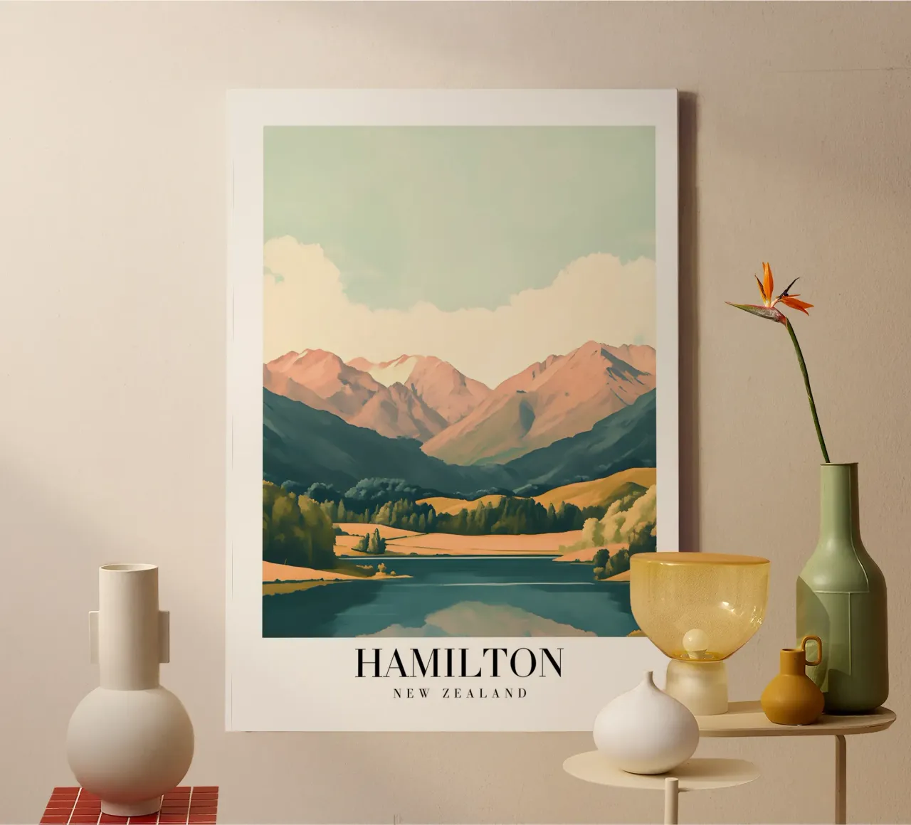 Hamilton NZ Lake Kunstdruk - Berglandschap canvas met Baklijst van homdeco