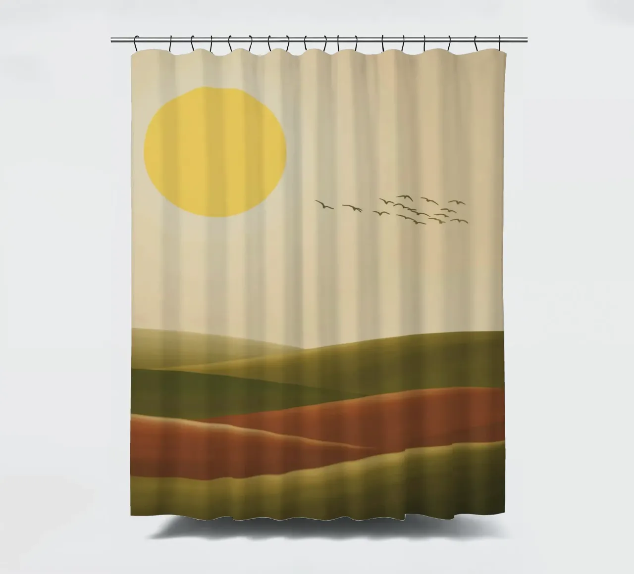 Zon en landschap, retro natuurlook douchegordijn van RB-Digital-Paintings